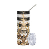 Fashion-forward stainless steel tumbler – insulated with bold black and white stripes and luxe gold detailing for chic daily hydration.