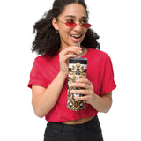 Queen Of Extravagance Tumbler – 20 oz black, white, and gold insulated stainless steel tumbler with straw and lid, perfect for hot coffee or cold drinks on the go.