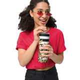 Hot and cold glam tumbler – matte black and white stripe with gold trim, perfect for 9-to-5 workdays, gym bags, or gift baskets.